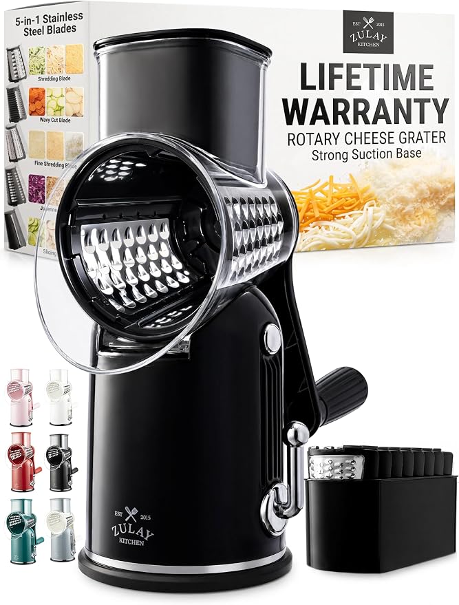 Zulay Kitchen Rotary Cheese Grater 5 Blade Cheese Shredder - Manual Hand Crank Cheese Grater With Reinforced Suction & 5 Interchangeable Drums - Easy to Use, Vegetable Chopper Round Mandoline Slicer