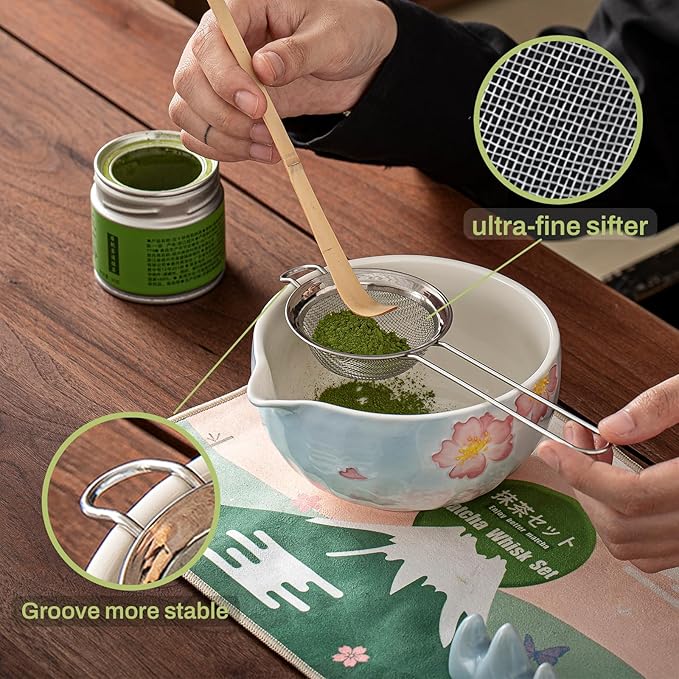 Clay&Fire Matcha Whisk set, 9 pcs Handcrafted Matcha Set for Beginner | Matcha Bowl with Spout and Whisk, Matcha Tea Kit for Matcha Lovers, Ideal Gift for Friend(Cherry Pink)