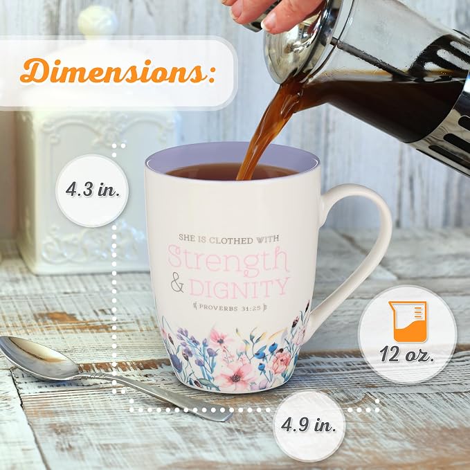 Christian Art Gifts Scripture Ceramic Encouraging Coffee and Tea Mug for Women: Strength and Dignity - Proverbs 31:25 Inspirational Bible Verse Cup for Hot and Cold Beverages, White & Lavender 12 oz.