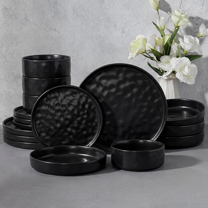 E-far Black Plates and Bowls Sets, 16-Piece Stoneware Dinnerware Set for 4 | Modern Ripple Design Dishes Set for Kitchen Dining, Chip & Scratch Resistant, Microwave & Dishwasher Safe, Matte Black