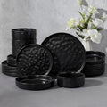 E-far Black Plates and Bowls Sets, 16-Piece Stoneware Dinnerware Set for 4 | Modern Ripple Design Dishes Set for Kitchen Dining, Chip & Scratch Resistant, Microwave & Dishwasher Safe, Matte Black