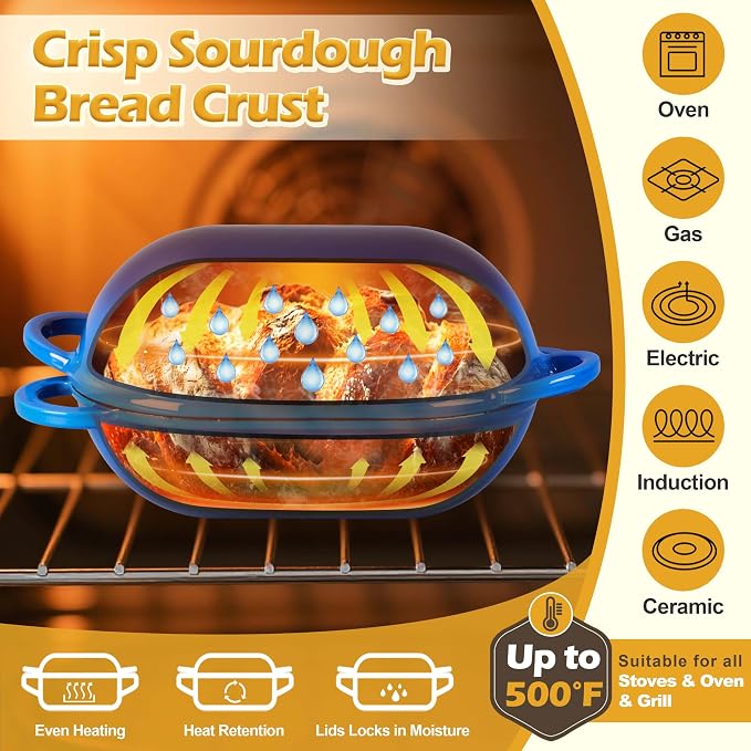 Homikit Enameled Cast Iron Dutch Oven for Bread Baking, 2.8 QT Oval Bread Oven Pot with Lid, 9.5 x 5.7 Inch Sourdough Loaf Baking Pan for Homemade Bread, Heavy Duty & Oven Safe, Blue