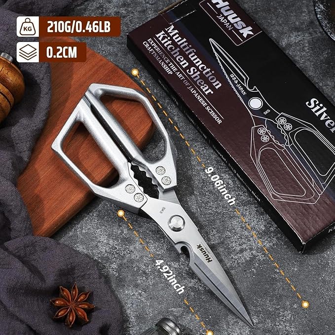 Huusk Kitchen Scissors for Food, Stainless Steel Kitchen Shears All Purpose | Multifunction Sharp Cooking Meat Scissors for Fish, Herbs, Chicken, Turkey, Gifts for Women, Non-slip Handle, Dishwasher Safe