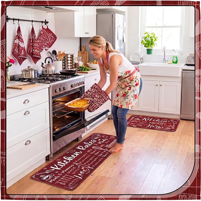 Fourluoo 10 Pcs Red Kitchen Decor and Accessories Oven Mitts and Pot Holders Sets Red and White Dish Towels Farmhouse Kitchen Rugs Mats for Home Baking Cooking Birthday Summer Decorations Women Gifts