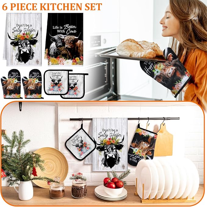 Bencailor 6 Pcs Cattle Kitchen Towels Oven Mitts and Pot Holders Set Decorative Dish Towels Tea Washcloth Non Slip Heat Resistant Oven Gloves for Summer Home Cooking Baking, Retro Color