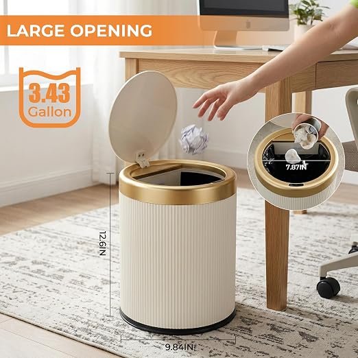 Pukomc Automatic Motion Sensor Trash Can with Lid | 3.5 Gallon Touchless Trash Bin,White Plastic Wastebasket,Smart Garbage Can for Bedroom,Office,Dorm