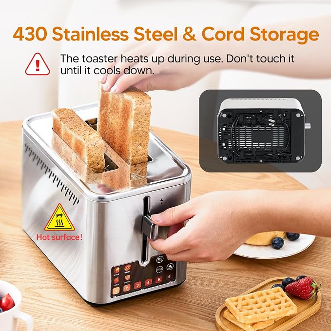 Trisiko® Touch Screen Toaster 2 Slice, 900W Digital Toaster with Countdown Timer, 1.38 in Wide Slots, 6 Browning Levels, Bagel, Defrost, Reheat, Cancel, Crumb Tray, Cord Wrap-Stainless Steel