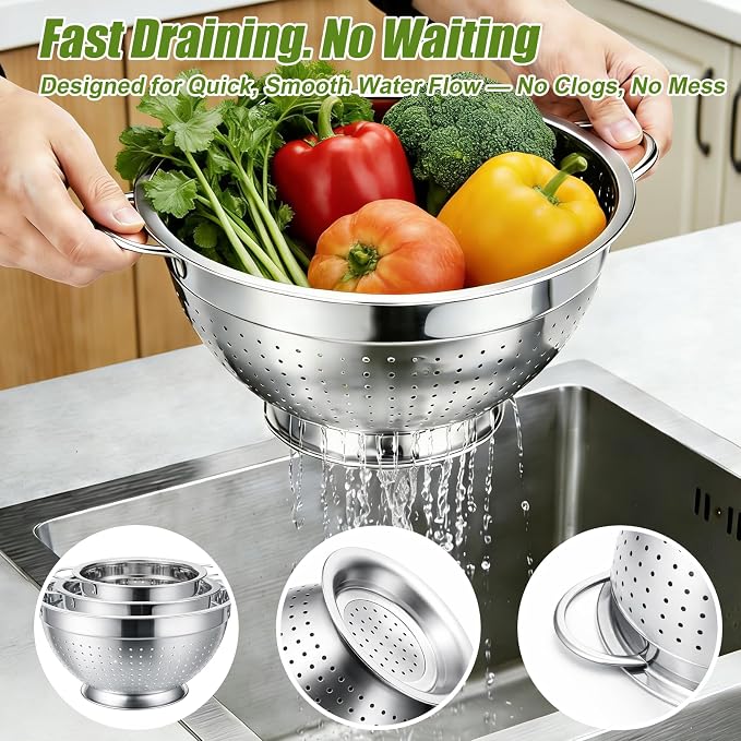 Palksky Stainless Steel Colander Set of 3, Nesting Metal Strainers with Handles and Raised Base, 7/8.7/11 Inch Kitchen Colanders for Pasta, Vegetables, Fruit, Rice, Salad and Meal Prep