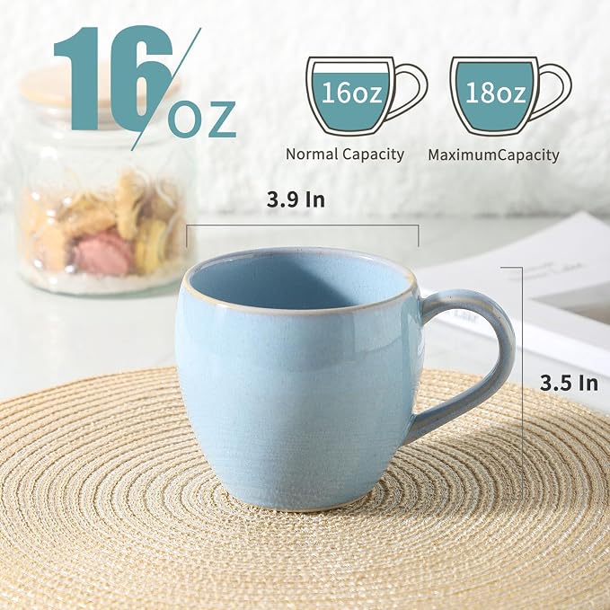 Coffee Mugs Set of 4, Stoneware 16 Oz Coffee Mugs for Cappuccino Latte Cocoa and Tea, Ceramic Coffee Cups with Handle,Sky Bule Mugs for Housewarming Gifts, Microwave and Dishwasher Safe