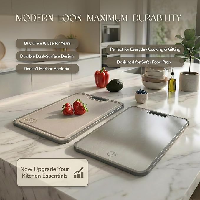 Titanium Cutting Board Double-Sided 2-in-1 (99.9% Titanium + PP), 15" x 10", with Accessories (Finger Guard, Glove, Thumb Knives) - Kitchen Metal Chopping Board for Meat, Fruits & Vegetables