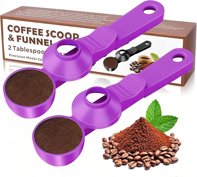 2-in-1 Coffee Scoop with Funnel, 2 Tbsp Measuring Spoon for Reusable K Cups, Ground Coffee, Protein Powder & Tea, Mess-Free Plastic Design（Rose Red-2pack）