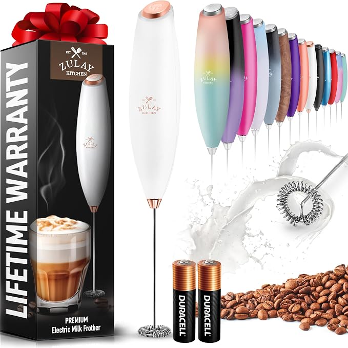 Zulay Powerful Milk Frother for Coffee with Upgraded Titanium Motor - Handheld Electric Whisk, Milk Foamer, Mini Mixer & Coffee Blender for Frappe, Latte, Matcha, No Stand - Gold & White