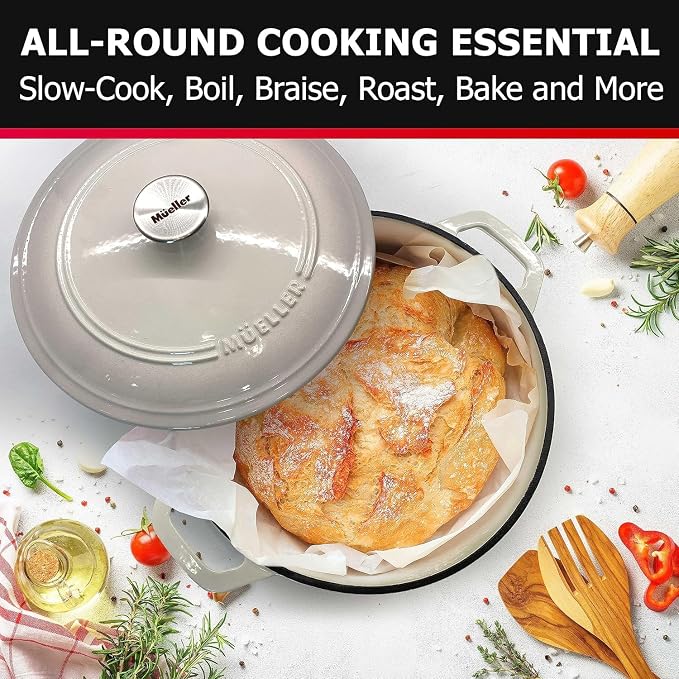 MUELLER HOME 7.5 QT Enameled Cast Iron Dutch Oven, Heavy-Duty Casserole Dish and Braiser Pan with Lid and Stainless Knob, Oven-Safe up to 500° F & Across All Cooktops, Oyster White | Heavy-Duty Casserole Dish and Braiser Pan, Lid with Stainless Knob, O...