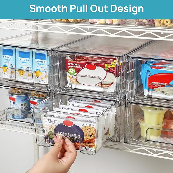 Vtopmart 4 Pack Stackable Storage Drawers,Clear Acrylic Drawer Organizers with Handles, Easily Assemble for Fridge, Bathroom,Kitchen Undersink,Cabinet,Pantry Organization and Storage | Clear Drawer Organizers with Removable Dividers for Flexible storag...