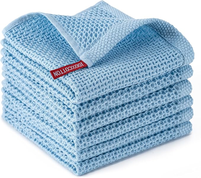 Kitchen Towels 6-Pack Kitchen Dish Cloths,100% Cotton,12x12 In,Sky Blue | Towels Waffle Weave,Ultra Soft Absorbent, Quick Drying