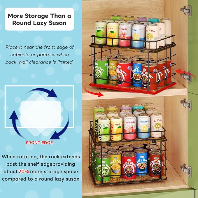 360° Rotating Lazy Susan Can Organizer for Pantry, Holds 26 Cans, Black | 2-Tier Soda Can Organizer, Metal Wire & Wood Shelf with Turntable Storage for Kitchen Cabinet, Pantry & Countertop