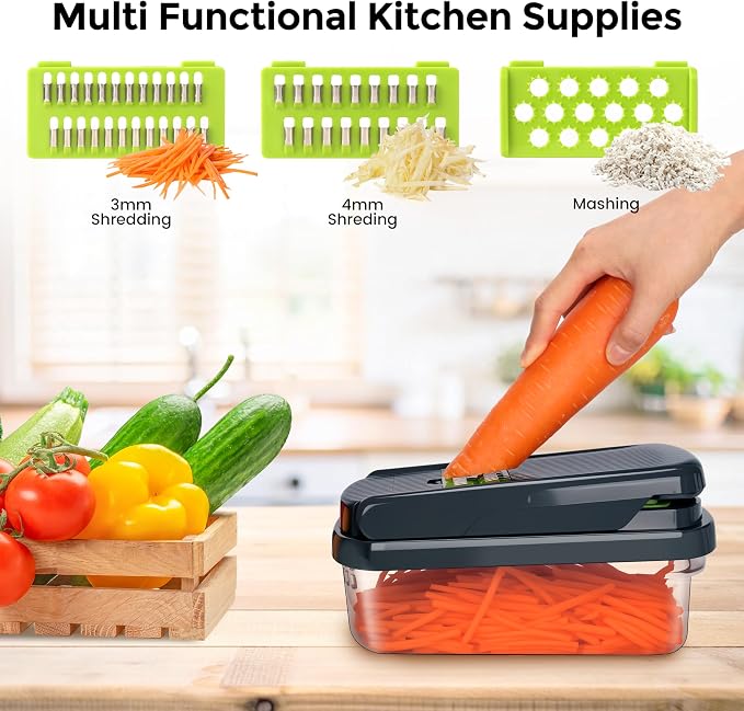 Yusshn Vegetable Chopper, 12-in-1 Food Veggie Chopper Cutter with Container | 7 Sharp Blades Dice, Slice, Shred and Grate for Salads, Onions and Meal Prep, with a Non-Slip Base and Drain Basket