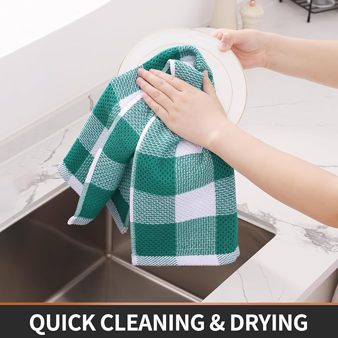Homaxy Kitchen Towels and Dishcloths Set, Set of 8, White & Teal | Bulk Cotton Waffle Weave Check Plaid Kitchen Towels, Super Soft and Absorbent Dish Cloths, 12 x 12 and 13 x 28 Inches