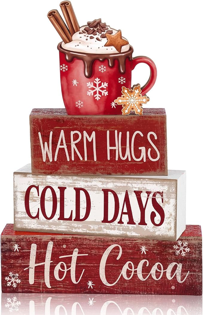 Lineshading 4 Pcs Wooden Hot Cocoa Block Signs Tiered Tray Decor with Mug | Farmhouse Stackable Wood Blocks, Warm Hugs Cold Days Text, Winter Coffee Bar Display, Mug Topper with Cinnamon Sticks