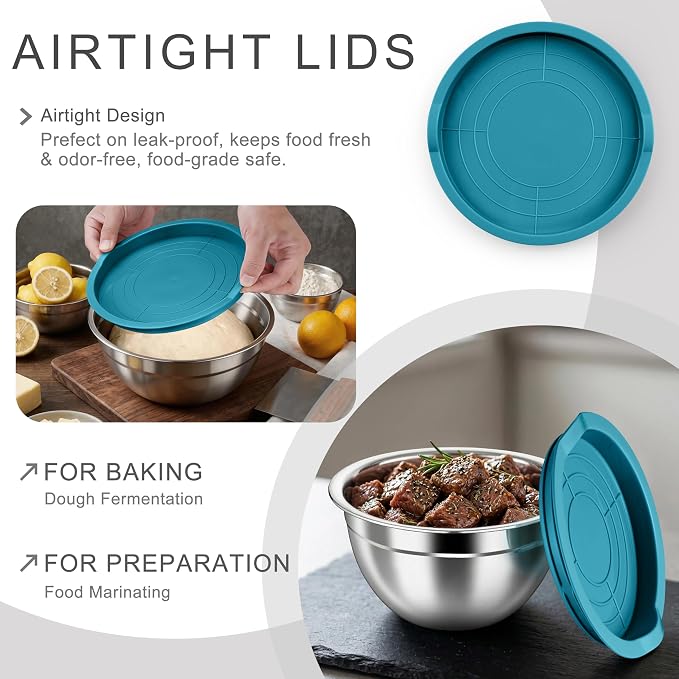 HaWare Mixing Bowls with Airtight Lids, 6-Piece Stainless Steel Salad Bowls | Strong Nesting Bowls for Cooking, Prepping, Baking, Serving & Food Storage, Stackable Design, Size 4.6, 3, 1.5QT, Teal Blue