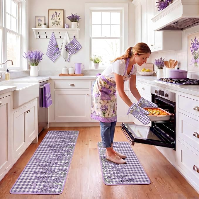 Fourluoo 10 Pcs Lavender Kitchen Decor Set Lavender Kitchen Towels and Rugs Oven Mitts and Pot Holders Set for Cooking Baking Grilling Women Mom Gift