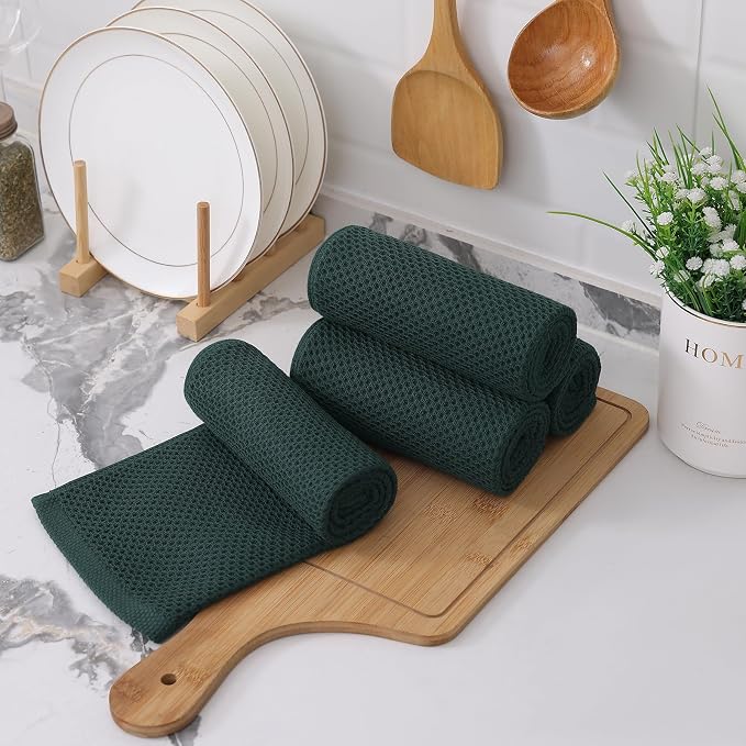 Kitinjoy Cotton Waffle 6-Pack Kitchen Towels, 13" x 28", Blackish Green | Super Soft, Ultra-Absorbent, Fast Drying, lightweight, Quick Drying Kitchen Hand Towels