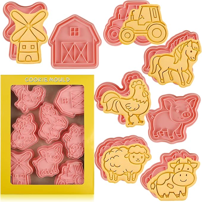 Farm Cookie Cutters Set, 8 Pcs Cookie Cutter with Plunger Stamps | Different Shapes, Easy to Use, Cute Cookie Cutters for DIY Biscuit Snacks Cheese Baking