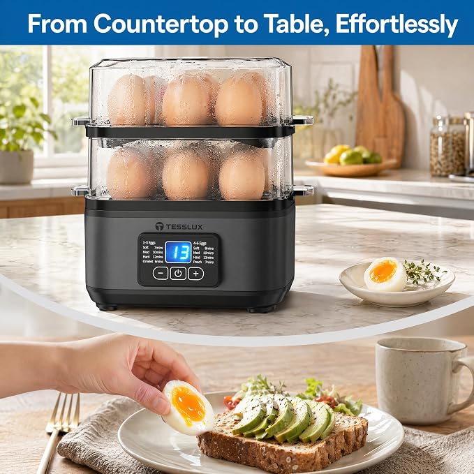 Tesslux Egg Cooker, Dual Layer 12 Egg Boiler, Soft Hard Poached, Black | LED Countdown Timer, Touch Control, Poaching Bowl, Omelet Maker, Two Trays, Vegetable Steamer, Auto Shut-Off, Buzzer Alert