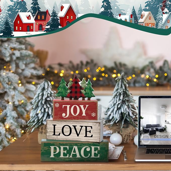 Lineshading 4 Pcs Christmas Table Decor Christmas Tree Block Signs Joy Love | Stacked Wood Signs with Plaid Trees, Rustic Farmhouse Tiered Tray Decor for Home, Distressed Finish