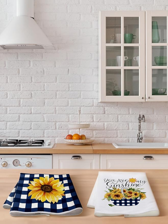 4 Pcs Sunflower Kitchen Towels Set, Hand Tea Towels Gifts | Absorbent Fast Drying Dish Clothes Floral Blue White Plaid Decor Housewarming Gift for Cooking Bathroom Kitchen Decor