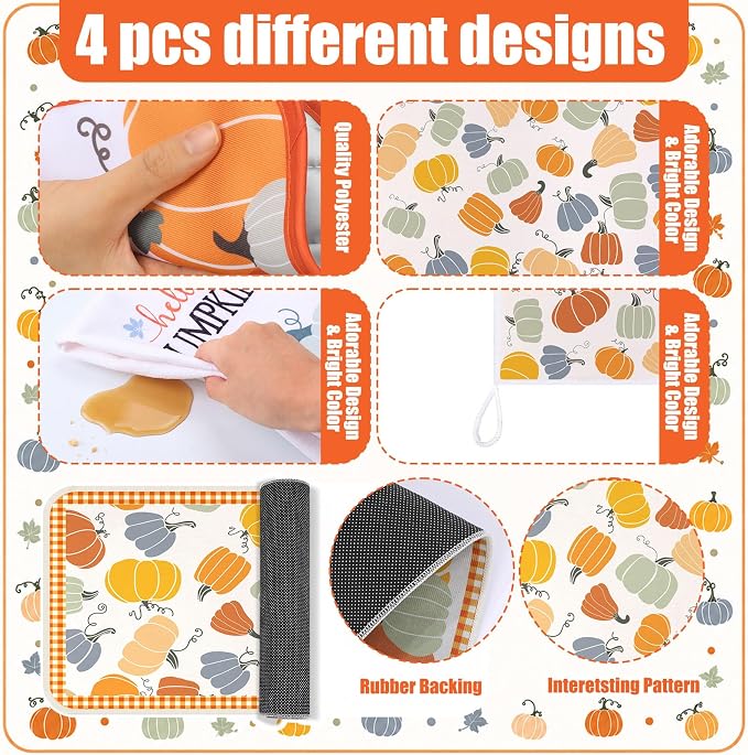 Fanfanwin 12 Pcs Fall Kitchen Decor and Accessories Set 6 Kitchen Towels 2 Pot Holders and Oven Mitts 2 Rugs Thanksgiving Towels for Baking Cooking BBQ Autumn Housewarming Gifts