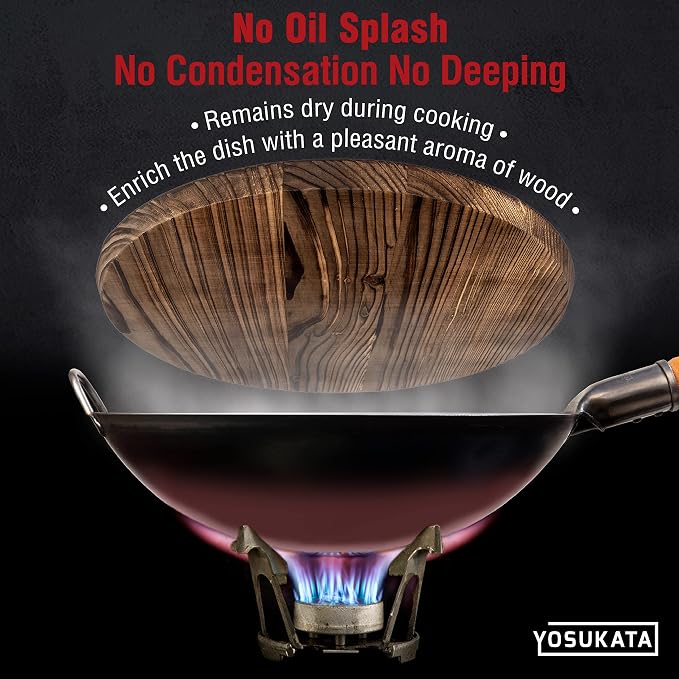 YOSUKATA Carbon Steel Wok Pan 14 in + Premium Wok Cover 14 inch Pan Lid - Wooden Lid 14 in with Ergonomic Handle