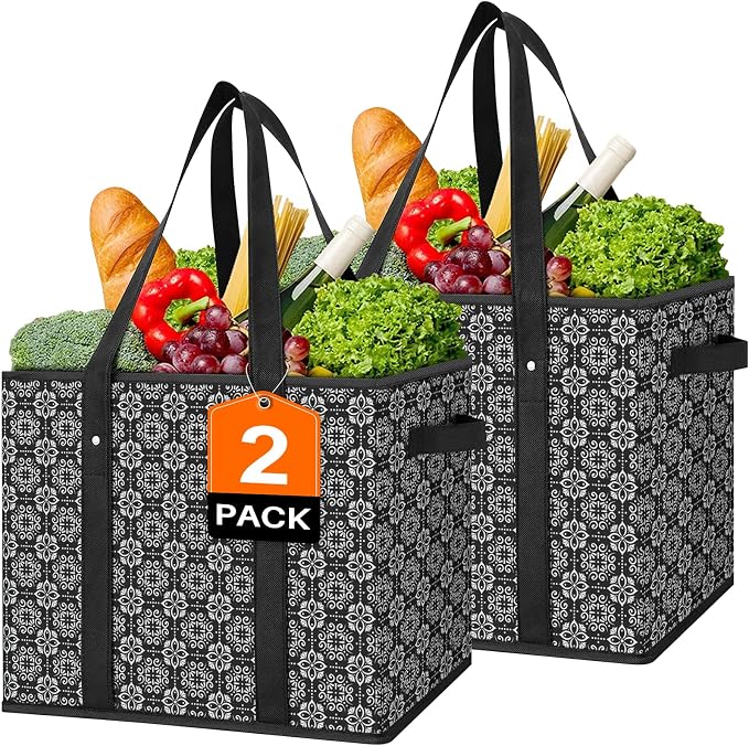 Reusable Grocery Bags 2 Pack, Foldable & Water Resistant Shopping Bags | Large Grocery Tote Bag Water Resistant Shopping Bags Foldable Grocery Bag for Clothes,Shoes and Picnic