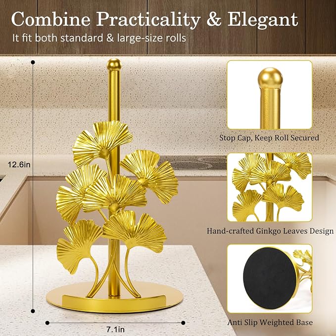 Vintage Gold Ginkgo Paper Towel Holder Countertop - Gold Kitchen Decor and Accessories, Luxury Housewarming Gifts for Women, 3D Ornate Leaf Textured, Retro Design Home Decor, Weighted Base & Felt Pad