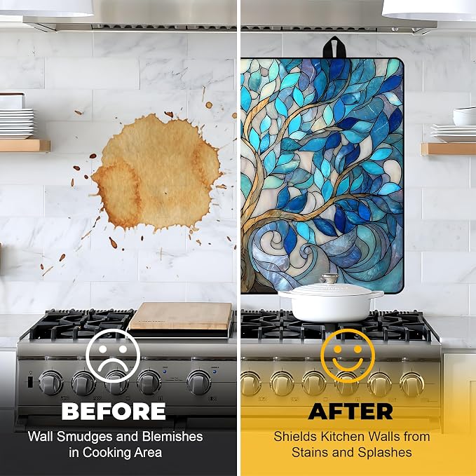 NYZE Electric Glass Stove Top Cover, Cooktop Protector for Extra Counter Space, Heat Resistant & Non-Slip Kitchen Mat - Blue Glass Tree of Life, 28" x 20"