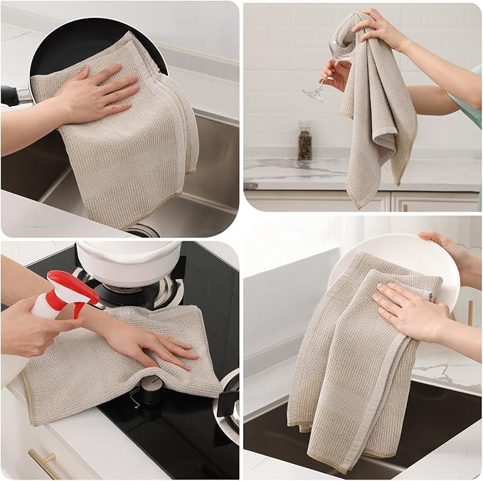Mordimy Premium Large Cotton Kitchen Towels (18"x 28", 3 Pack), Khaki | 100% Ring Spun Cotton, Super Absorbent, 380 GSM, Flat & Terry, Soft, Hanging Loop Dish Towels
