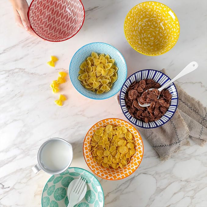 Selamica Porcelain 20oz Cereal Bowl Set - Set of 6, 6 inch Soup Bowls, Ceramic bowls for Cereal, Soup, Salad and Pasta, Colorful bowls