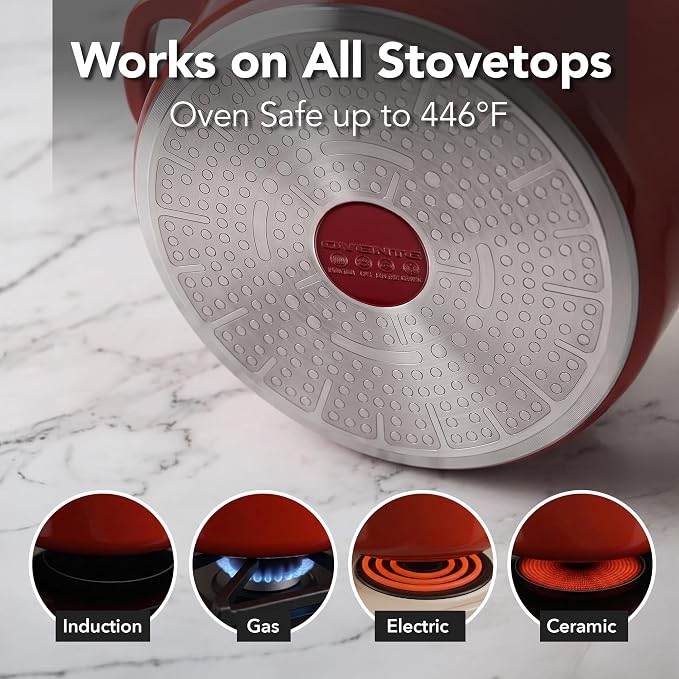 OVENTE 4.6 Qt Aluminum Dutch Oven with Lid, Red DOA546R | Non-Stick Coated Cookware for Sourdough Bread Baking, Braising, Cooking Soups & More, Dishwasher Safe, Works on All Stovetops