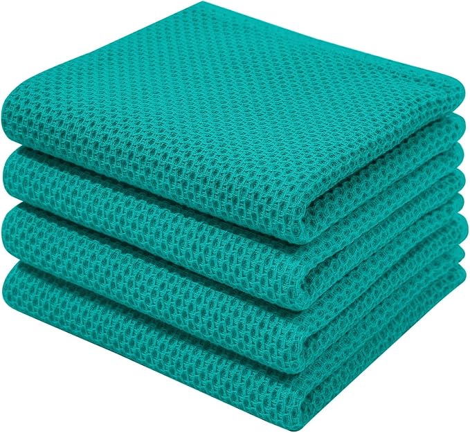 Homaxy 100% Cotton Waffle Weave Kitchen Dish Towels 4-Pack, Teal | 13 x 28 Inches, Ultra Soft Absorbent Dish Towels, Quick Drying Cleaning Towels