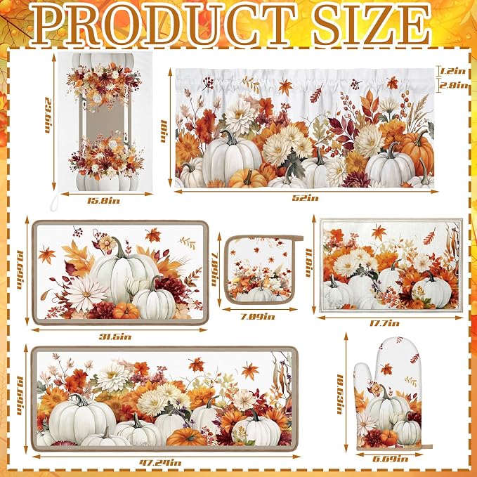 16 Pcs Fall Pumpkin Kitchen Decor and Accessories Set 4 Fall Kitchen Towel 4 Pumpkin Placemat 2 Non Slip Rug and Mat Set for Floor 2 Oven Mitt Glove 2 Pot Holder 2 Curtain for Harvest Home Decor Gift
