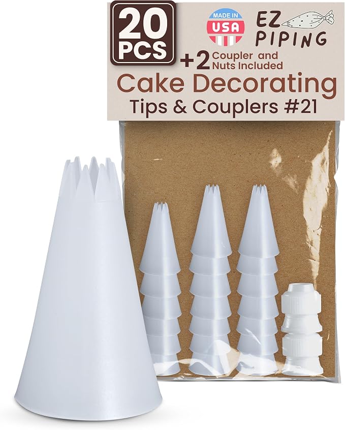 Reusable Plastic Piping Tips, Nozzles Standard Size Star Tip #21 (20pcs) | EZPiping Icing Nozzles with 2 couplers for Cake Decoration and Dessert Design, Baking Supplies Base Ø 0.75" Height 1.25"