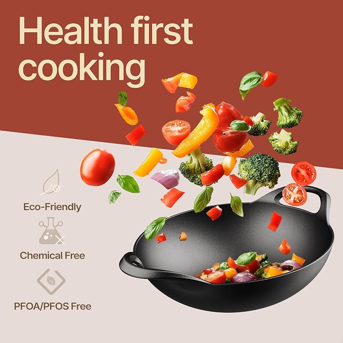 Bakken Pre-Seasoned Cast Iron Wok with Wooden Lid, 14" Stir Fry Pan for Gas, Electric, Induction & Open Fir, Heavy-Duty Flat Bottom Wok with Dual Handles for Even Heating & High-Heat Cooking, 8.8 lbs