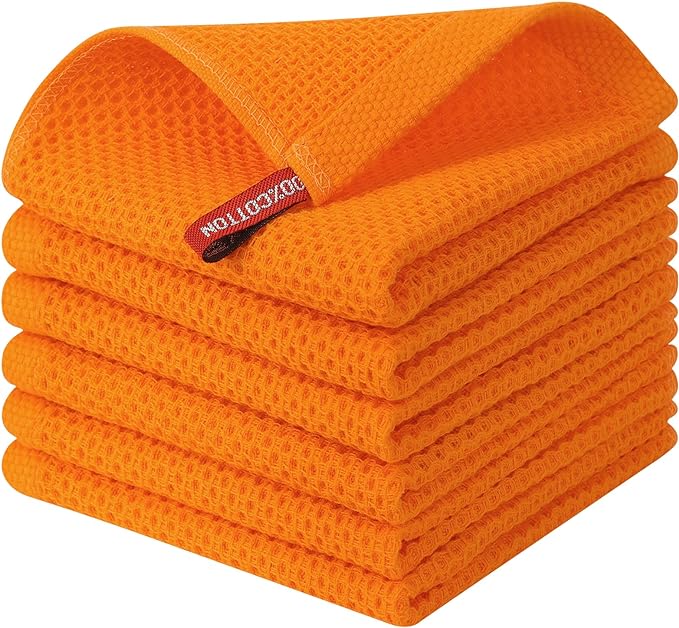 Kitinjoy 100% Cotton Waffle 6-Pack Kitchen Towels, 12" x 12", Orange | Ultra Absorbent, Super Soft, lightweight, Quick Drying Dish Rags for Washing Dishes