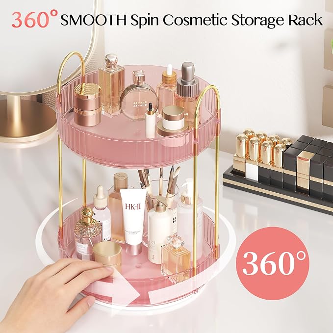 Rotating Makeup Organizer Countertop, Skincare Organizers | Spinning Perfume Tray Stand, Makeup Storage Organizer for Vanity, Bathroom Organizer and Storage, Lazy Susan, 2 Tier, Pink