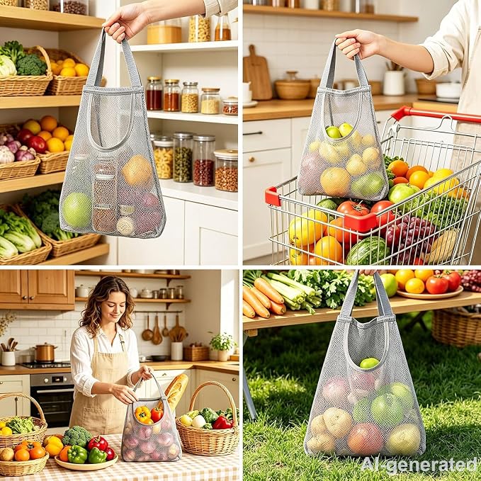 Ahyuan 5 Pack Hanging Mesh Storage Bags For Potatoes,Onions,Garlics,Vegetables Long and Large Reusable Net Storage Tote Bags for Fruit Veggies Green Pepper or Garbage Bag (Gray)