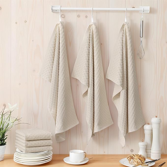 Homaxy 100% Cotton Terry Kitchen Towels(15" x 25", 6 Pack), Beige | Soft and Super Absorbent Dish Towels, 380 GSM Reusable Tea Towel with Hanging Loop, Pineapple Grid Designed