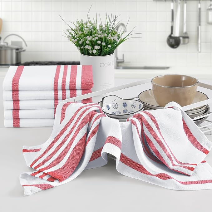 Homaxy Premium Cotton Stripe Kitchen Towels 8 Pack, 18"x 28", Red | Large 380 GSM Kitchen Hand Towels, Soft Terry Dish Towels, Highly Absorbent Tea Towel Set with Hanging Loop
