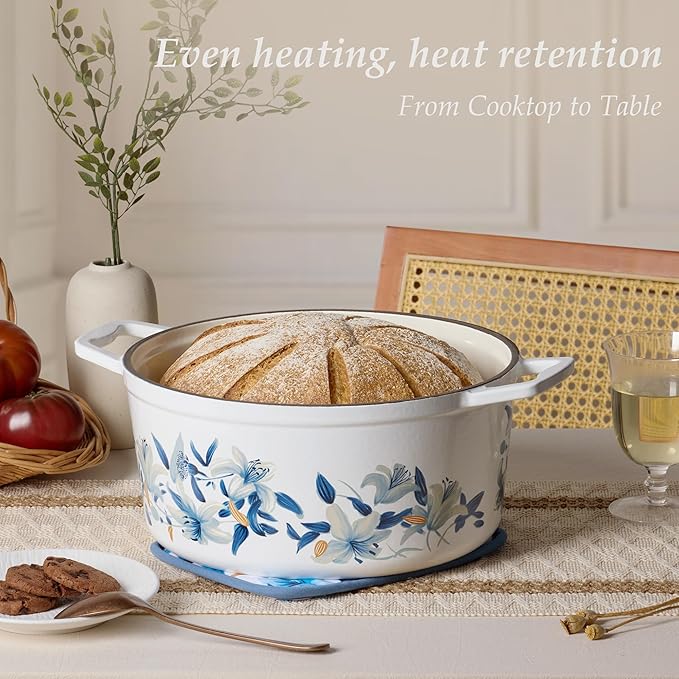CAROTE 7QT Enameled Cast Iron Dutch Oven Pot with Lid, White & Blue | Sourdough Bread Baking with Cotton Potholders & Oven Gloves, Gift Box, Cookware for Braising, Oven Safe up to 500° F