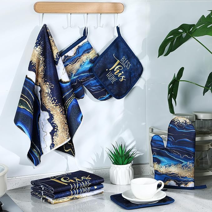 Leinuosen 8 Pcs Navy Blue and Gold Marble Kitchen Towels and Dishcloths Sets Oven Mitts and Pot Holders Absorbent Kitchen Gloves Potholders Heat Resistant for Chef Baking Cooking