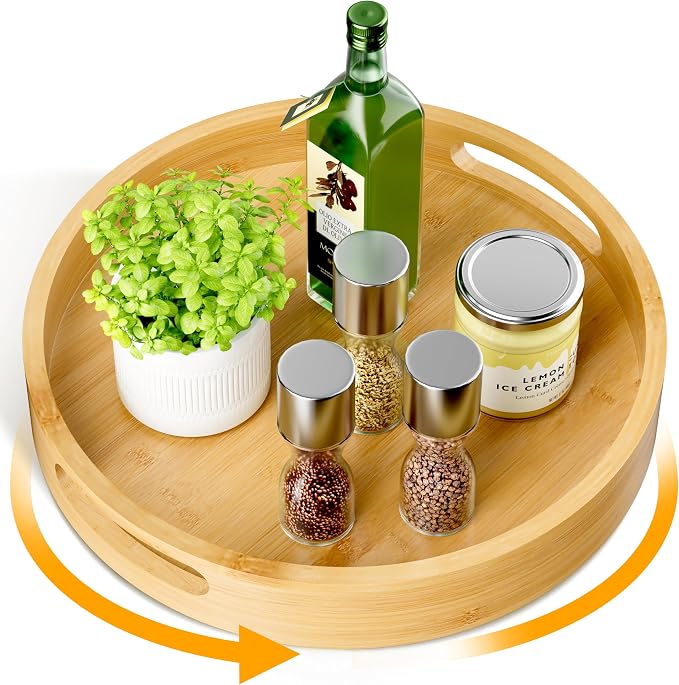 Lazy Susan Organizer Homerays 12 Inch Non-Skid Bamboo Lazy Susan for Kitchen Rotating Spice Rack with Handles, Wood Turntable for Kitchen Cabinet,Countertop (Bamboo, Medium)